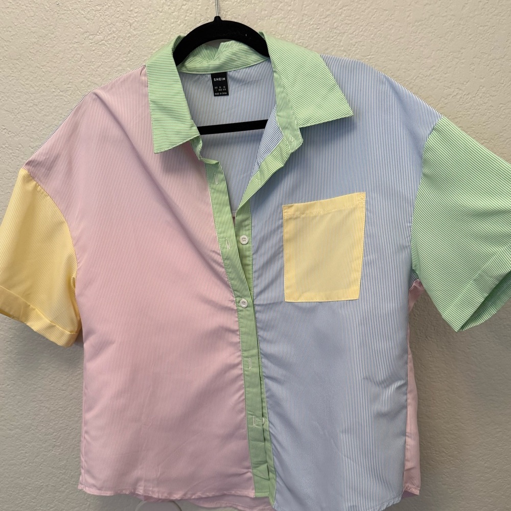 SHEIN Color Block Striped Button Down